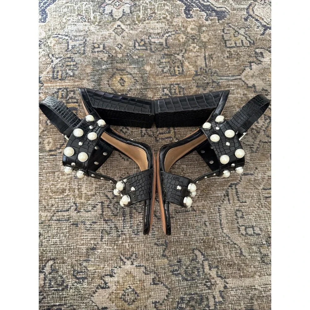 Schutz Zarita Sandals 9.5 Black Croc Embossed Leather Pearl Stud Slingback Heels